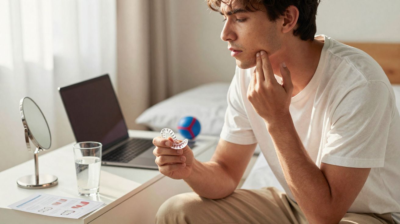 Homem sentado num quarto a olhar para um medicamento enquanto toca na mandíbula, com laptop e copo de água à sua frente.