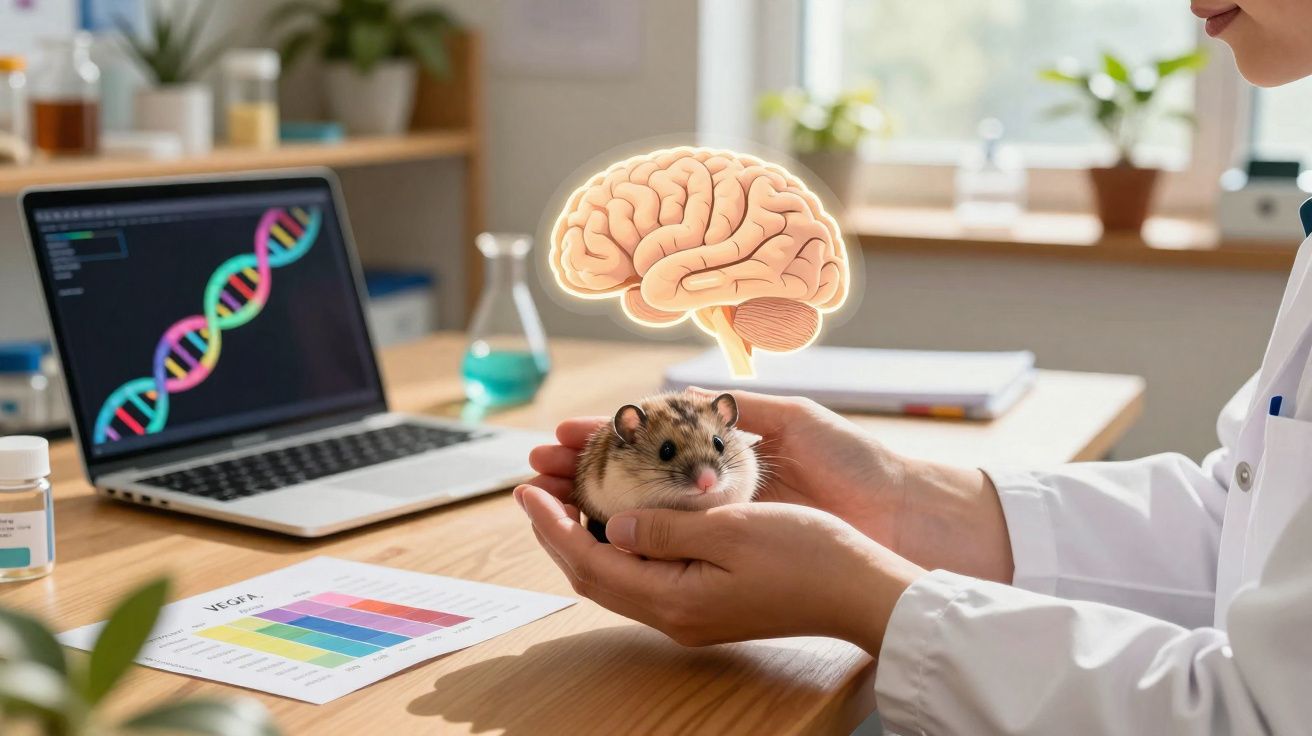 Pessoa de bata branca segura hamster em laboratório com computador e gráfico, com cérebro ilustrado flutuante acima.