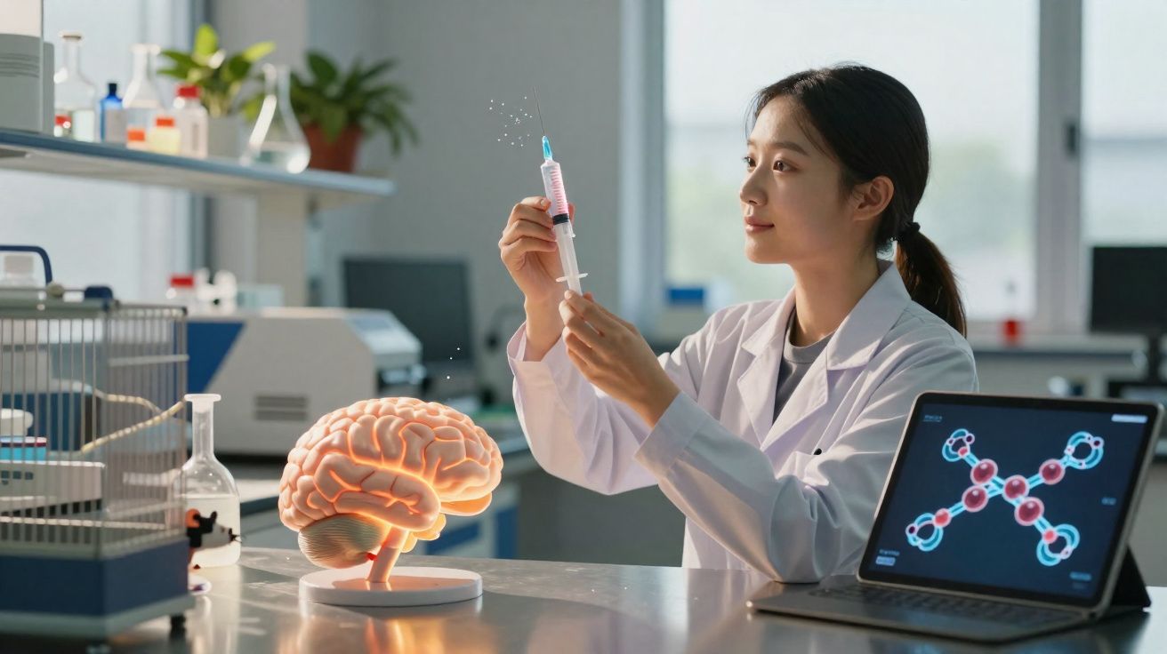 Cientista com bata branca segura seringa em laboratório, com modelo de cérebro e fórmula molecular no ecrã.