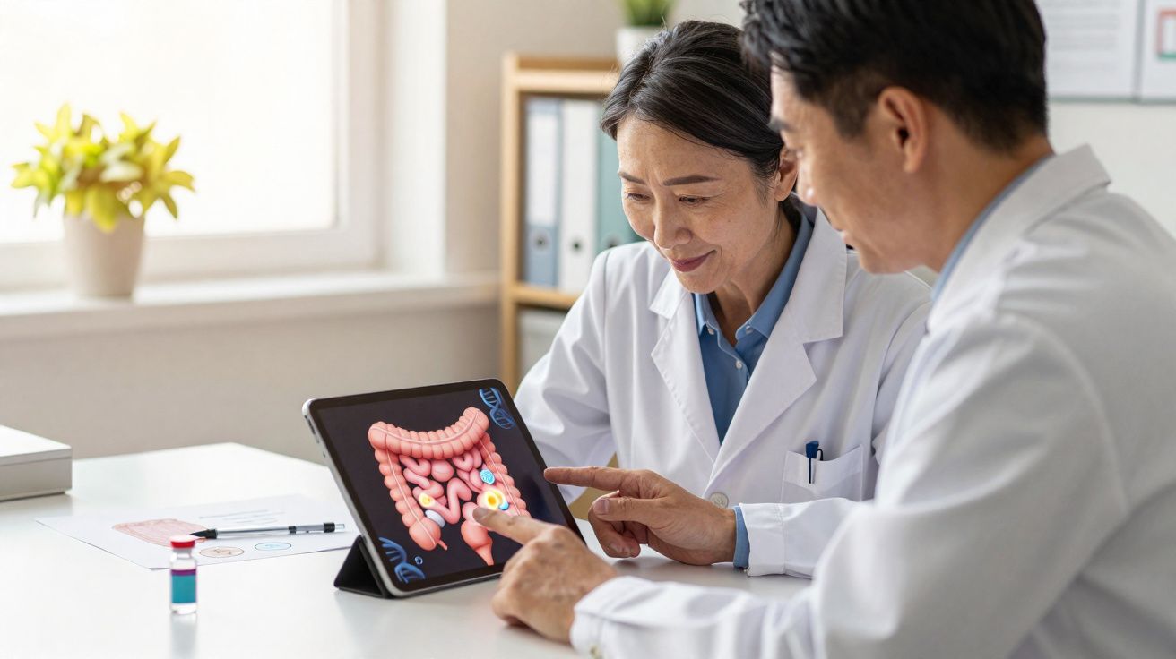 Dois médicos em bata branca analisam modelo digital de intestino num tablet num consultório iluminado.