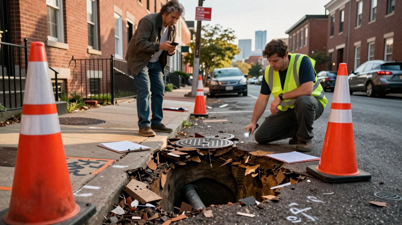 Dois homens examinam um buraco grande e danificado no meio da rua, rodeado de cones de segurança.