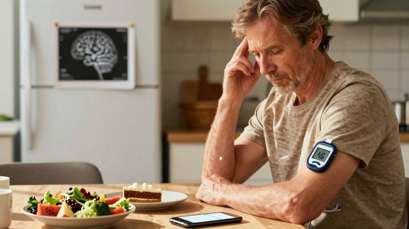 Homem preocupado com resultados do medidor de glicose sentado à mesa com alimentos saudáveis e telemóvel.