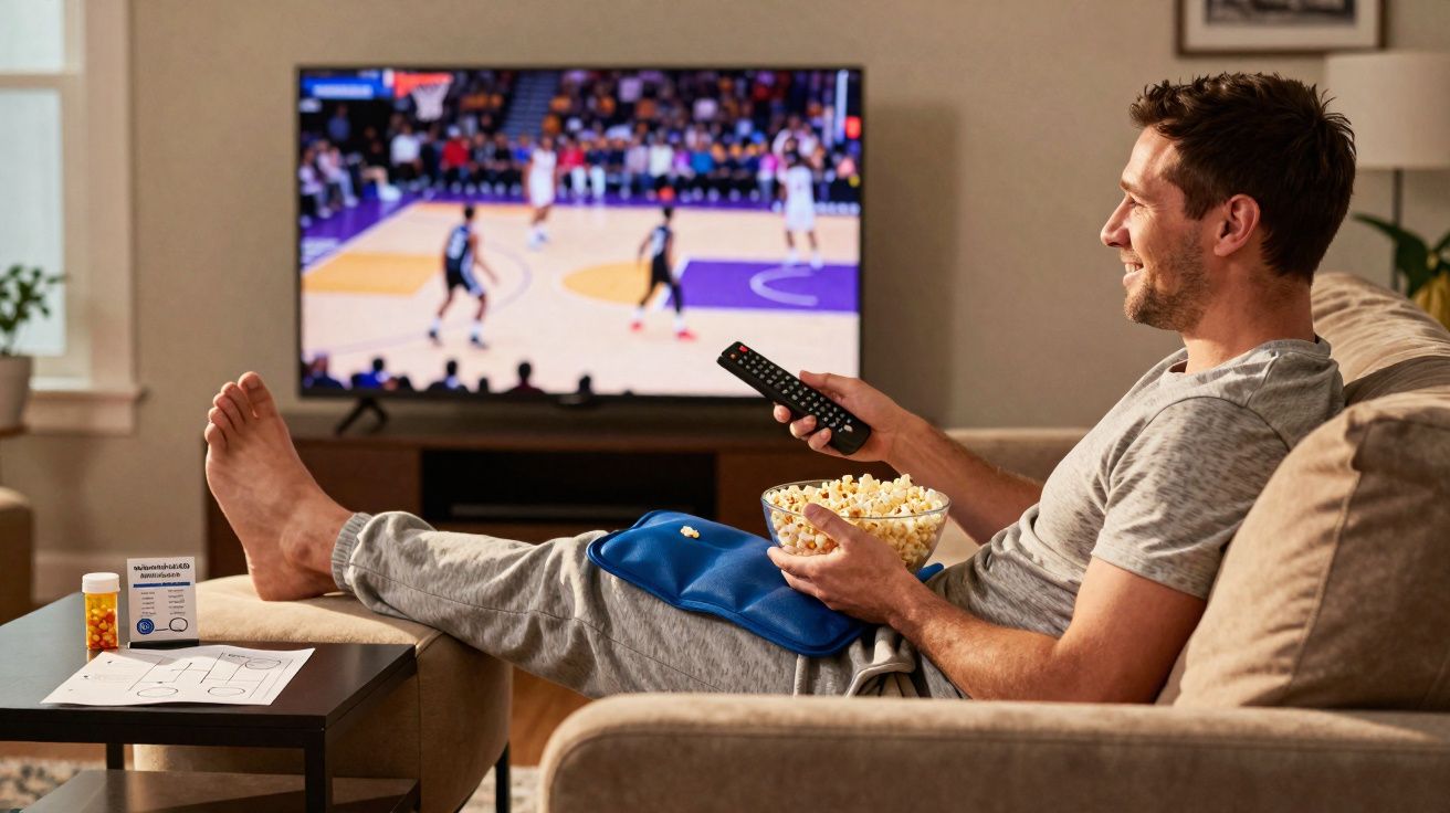 Homem relaxa no sofá com bolsa de água quente, comanda e come pipocas enquanto vê jogo de basquetebol na televisão.
