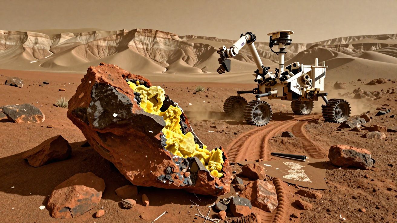 Rover exploratório em terreno marciano com grandes rochas, incluindo uma com depósitos minerais amarelos visíveis.