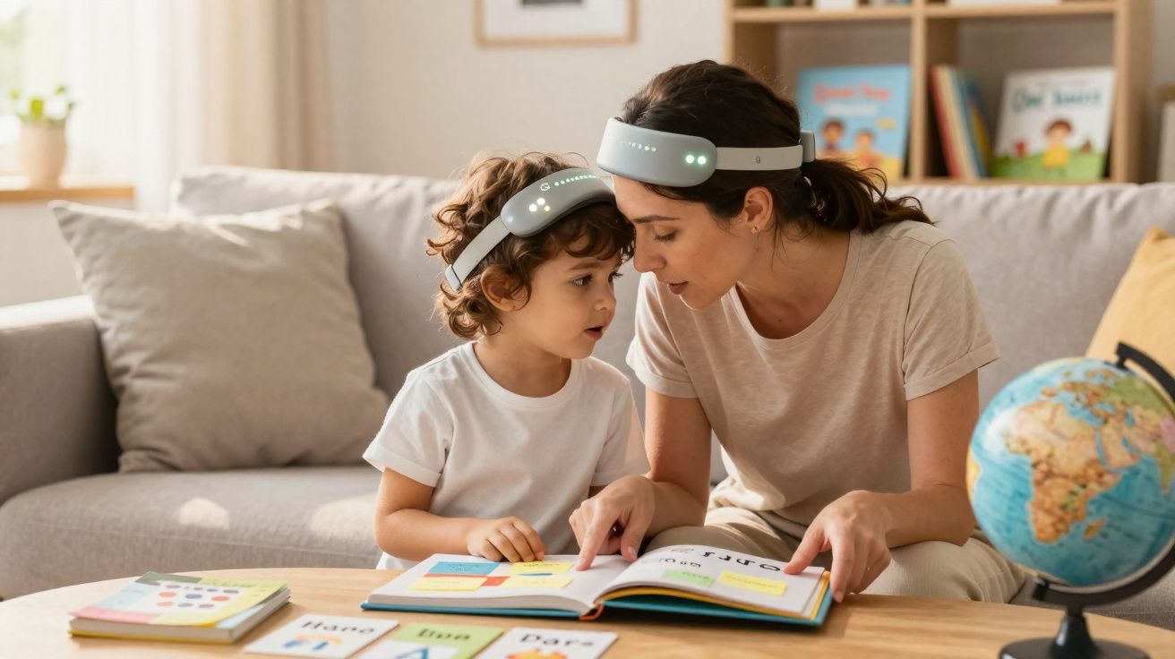 Mãe e filho sentados a ler um livro numa mesa com globo e cartões educativos ao redor.