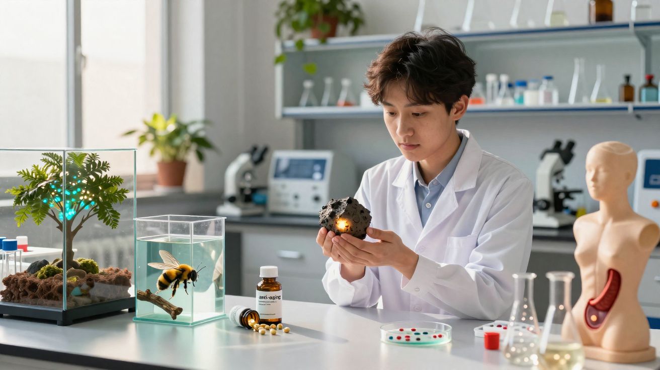 Cientista em laboratório a analisar um meteorito iluminado, com modelos de abelha, plantas e figura anatómica.