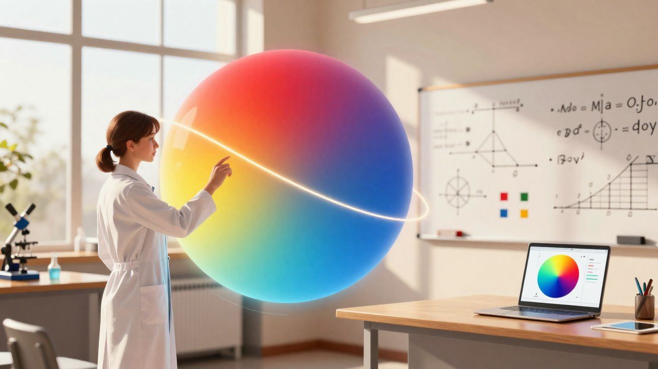 Mulher de bata branca toca numa esfera colorida flutuante numa sala de aula com quadro branco e laptop.