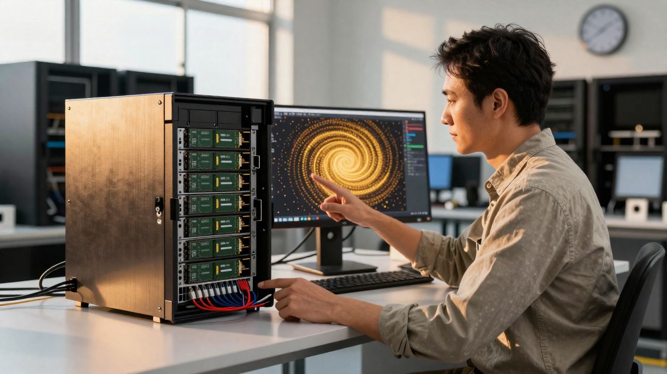 Homem a analisar dados num servidor enquanto observa um gráfico de espiral num monitor de computador.
