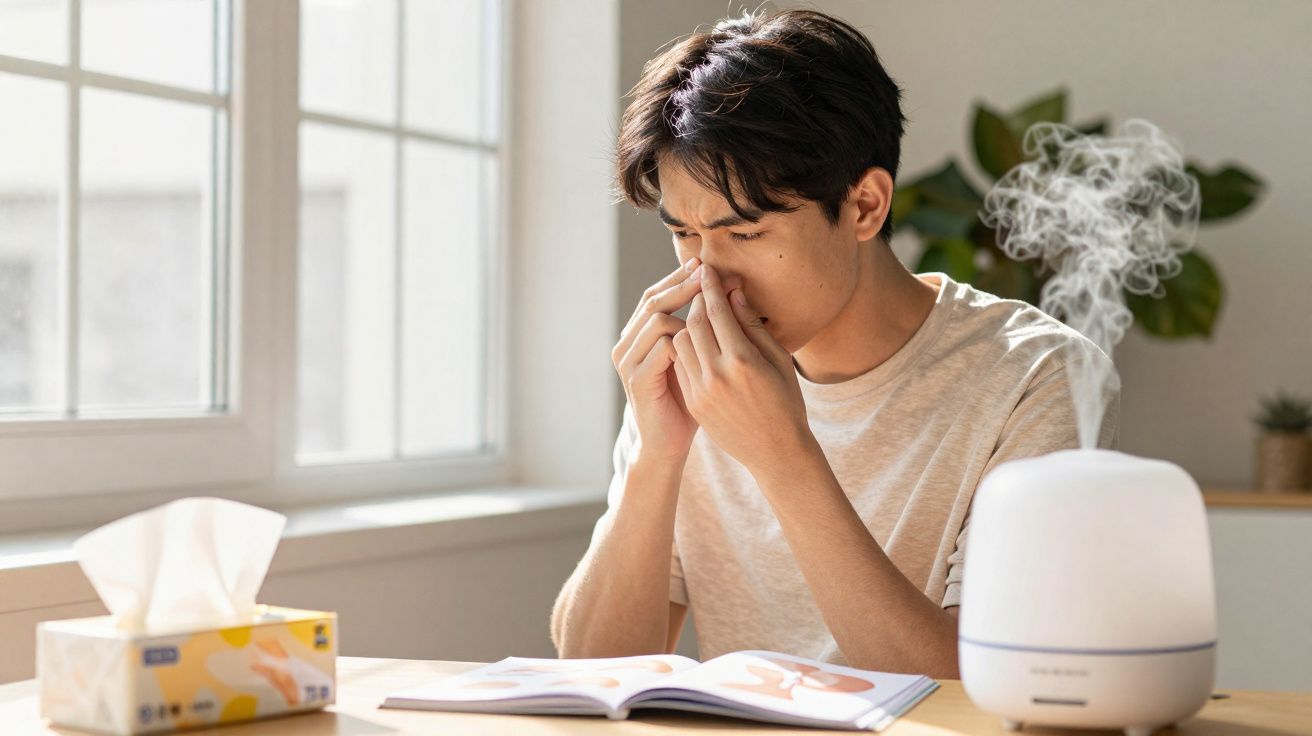 Homem com sintomas de alergia assoando o nariz junto a difusor e lenços numa mesa com livro aberto.
