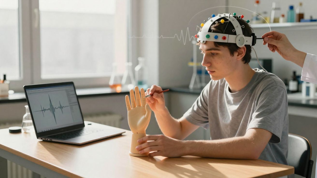 Jovem com capacete de EEG realizando teste cognitivo com mão artificial enquanto computador regista ondas cerebrais.