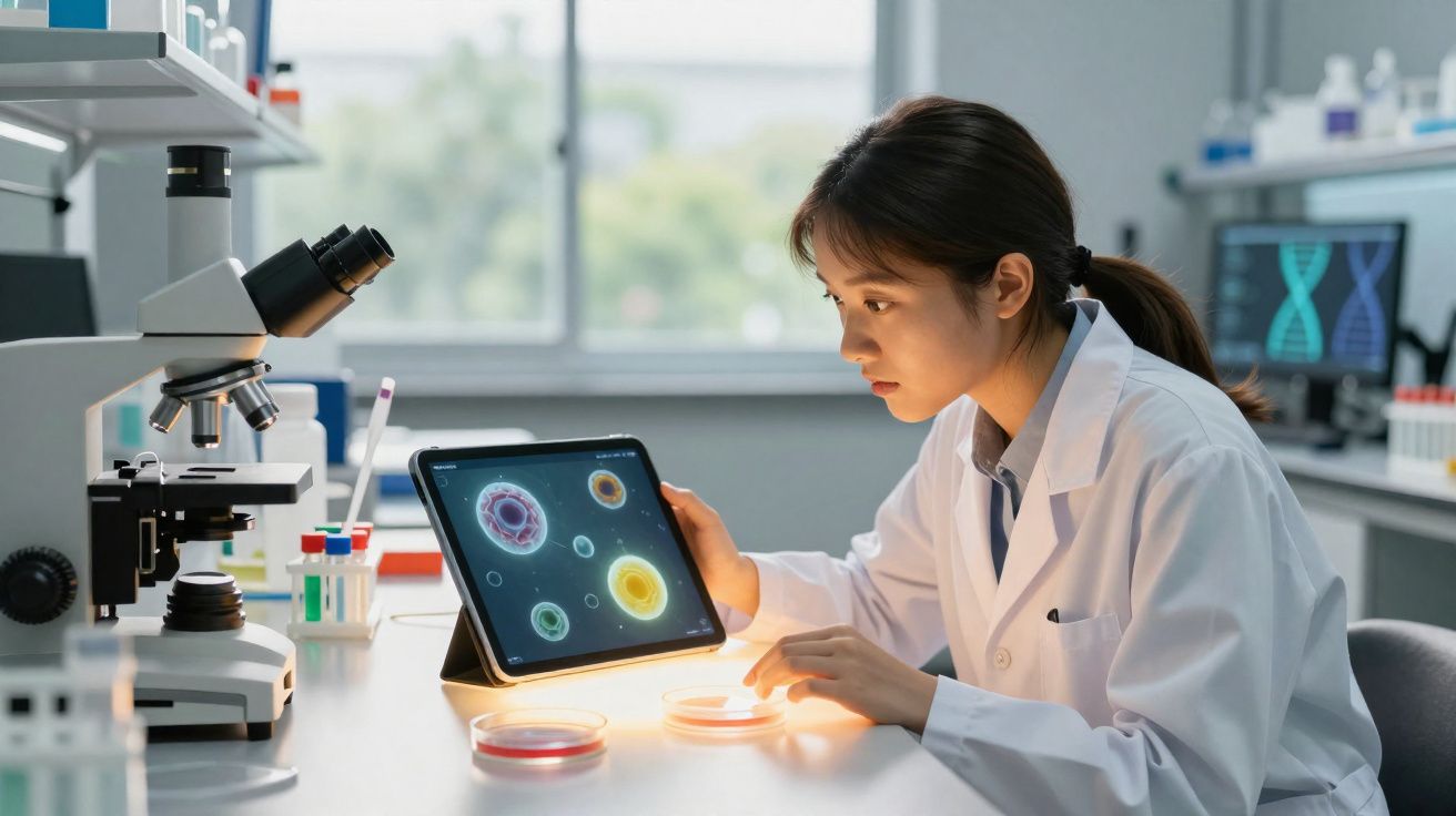 Cientista em laboratório observa imagens de células num tablet ao lado de placa de Petri e microscópio.