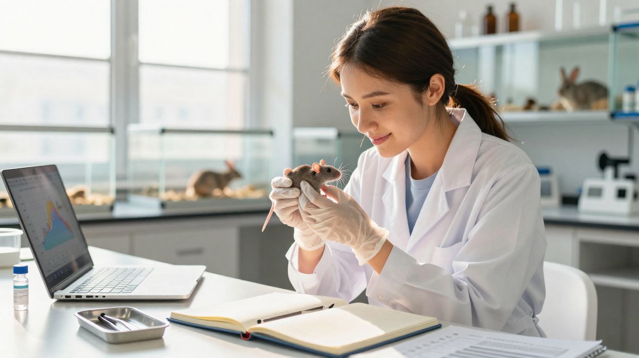 Cientista em laboratório a segurar um rato para investigação científica com laptop e caderno na mesa.