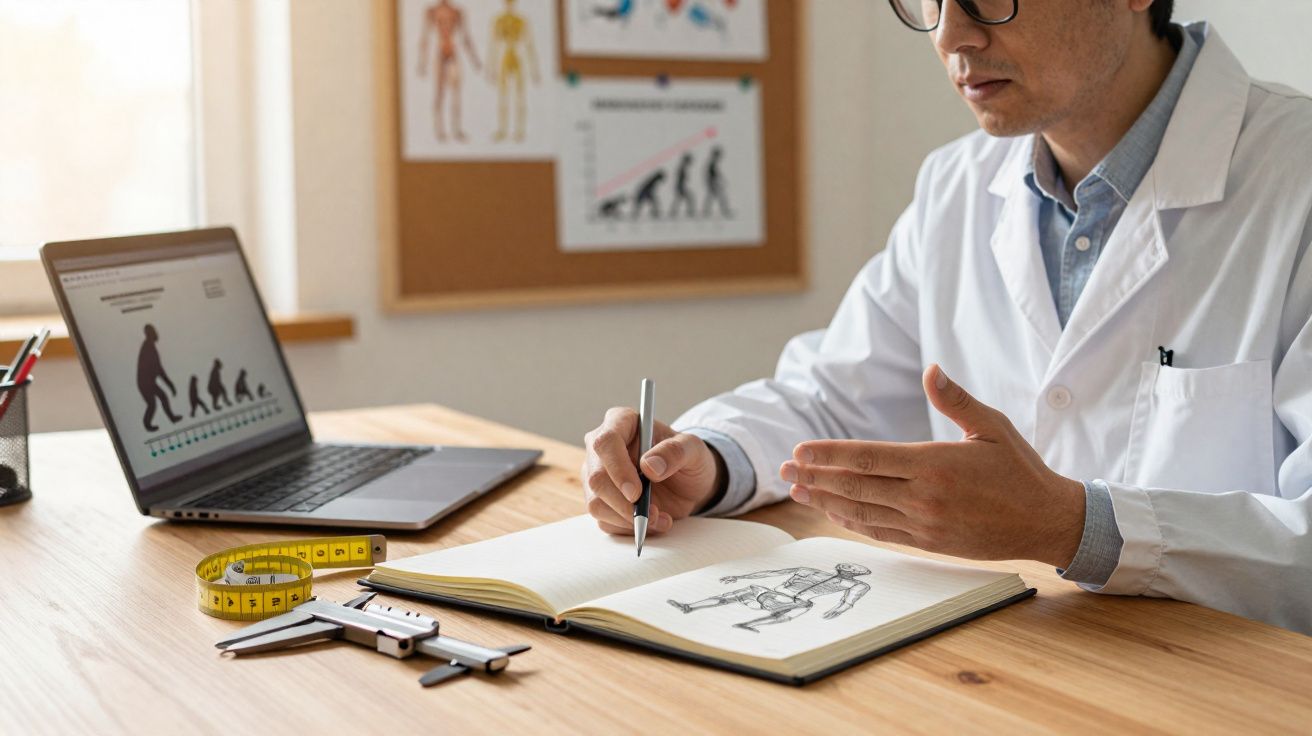 Médico em bata branca desenha esqueleto num caderno, com laptop e instrumentos de medição na mesa.