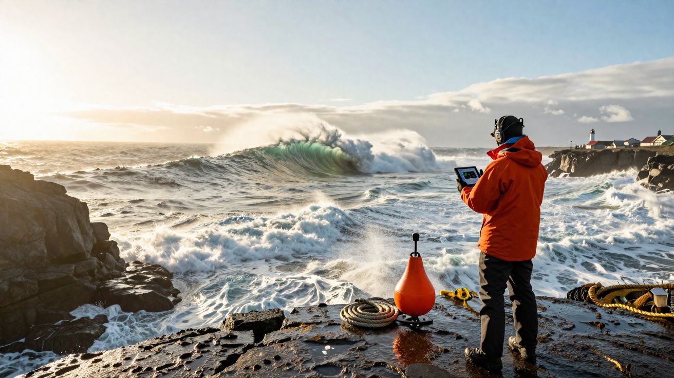 Pessoa com casaco laranja observa mar agitado com ondas grandes e equipamento de monitorização na costa rochosa.