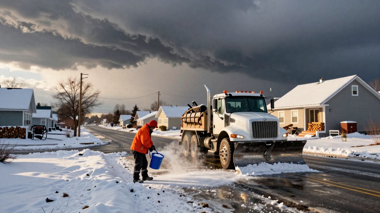 Homem com casaco laranja despeja sal na neve enquanto camião limpa neve numa rua residencial coberta de neve.