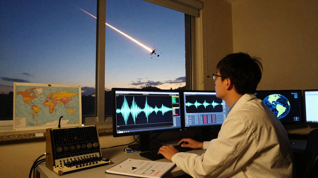 Cientista num laboratório a monitorizar dados em ecrãs, enquanto uma meteoroide entra na atmosfera à janela.