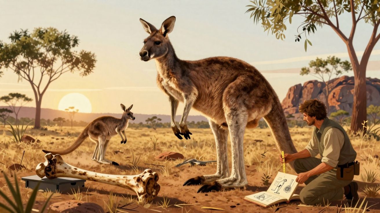 Homem a estudar cangurus numa paisagem australiana ao pôr do sol com ossos no chão à frente.