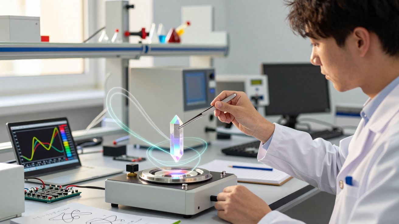 Cientista em laboratório manipulando um cristal luminoso flutuante com pinça e equipamentos eletrónicos.