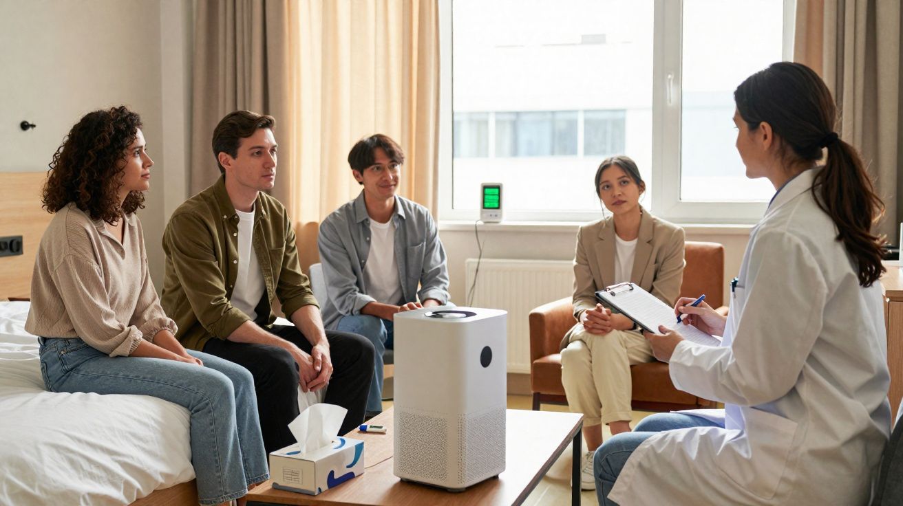 Grupo de jovens sentados numa sala, atentos a médica que lhes dá uma consulta em grupo.