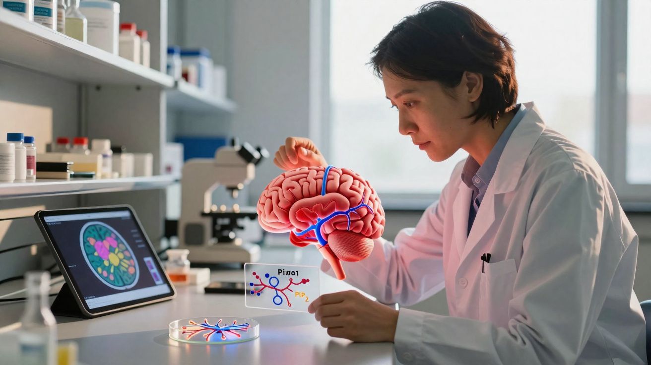 Cientista em laboratório a analisar modelo 3D do cérebro e esquemas neuronais com tablet e microscópio.