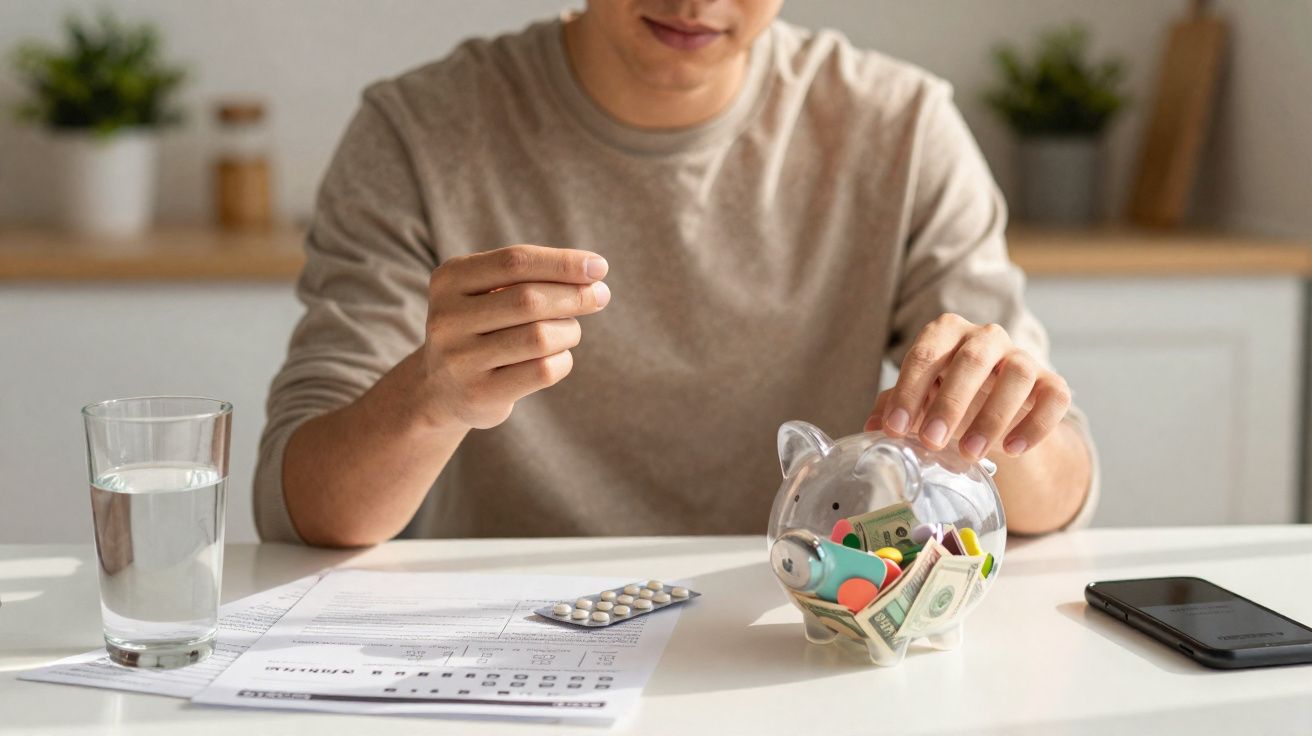 Pessoa a guardar moedas numa mealheiro transparente com medicamentos e dinheiro sobre mesa com documentos, copo de água e tel