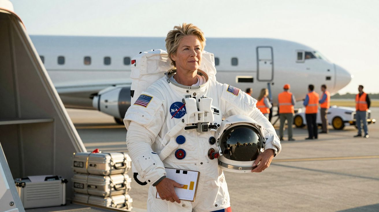 Astronauta feminina com fato espacial da NASA segura capacete no aeroporto com avião ao fundo.