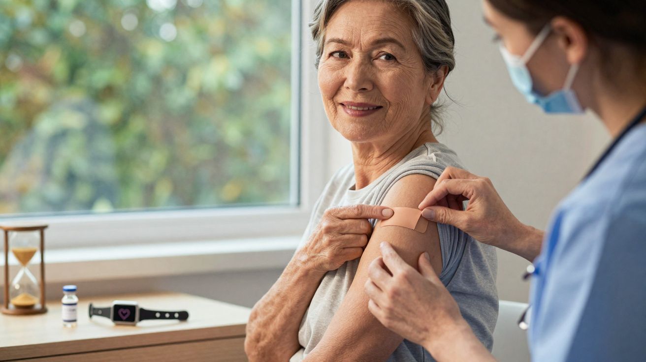 Mulher sénior sorridente a receber penso no braço após vacinação, profissional de saúde com máscara.