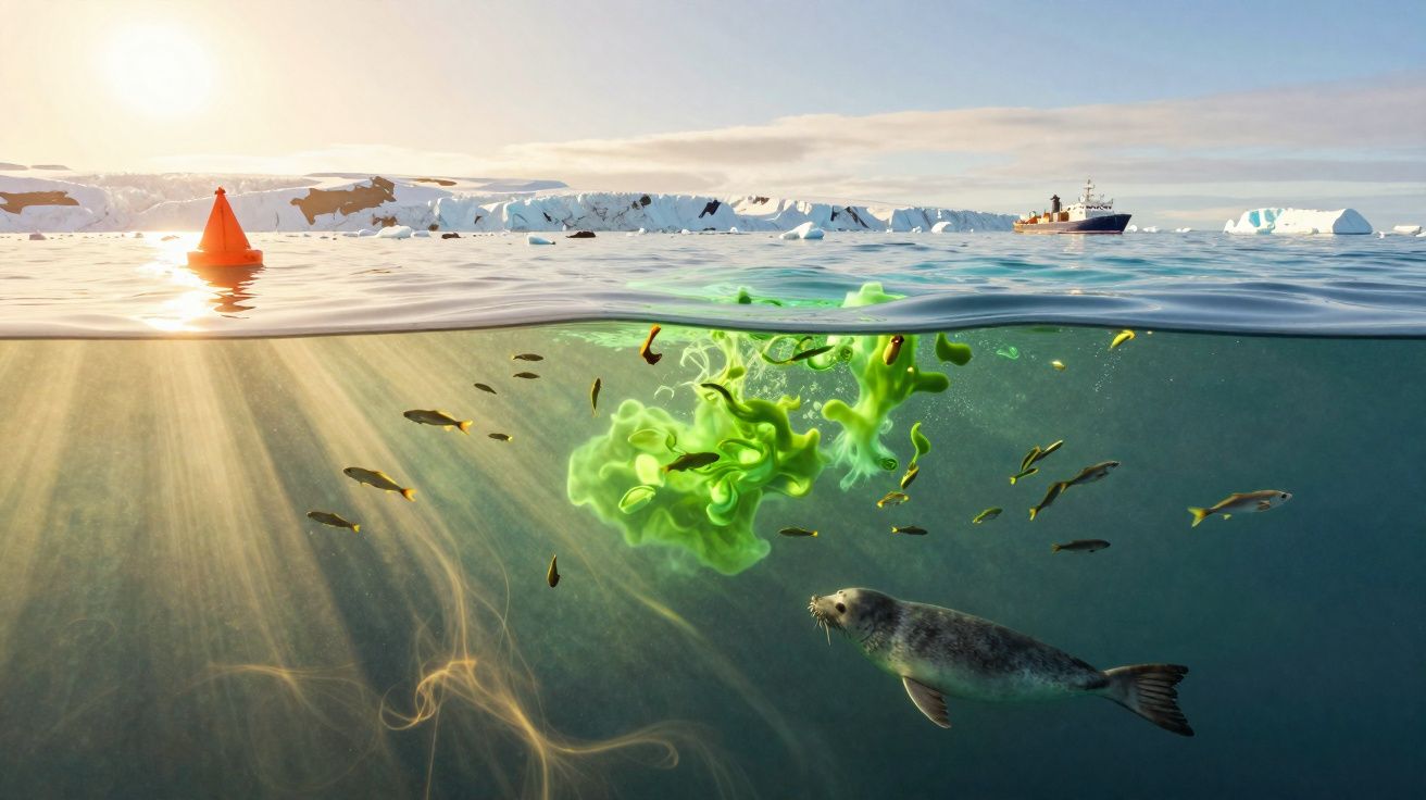 Vista subaquática e superfície no Ártico com foca, peixes, algas verdes, gelo, barco e bóia na água ao pôr do sol.