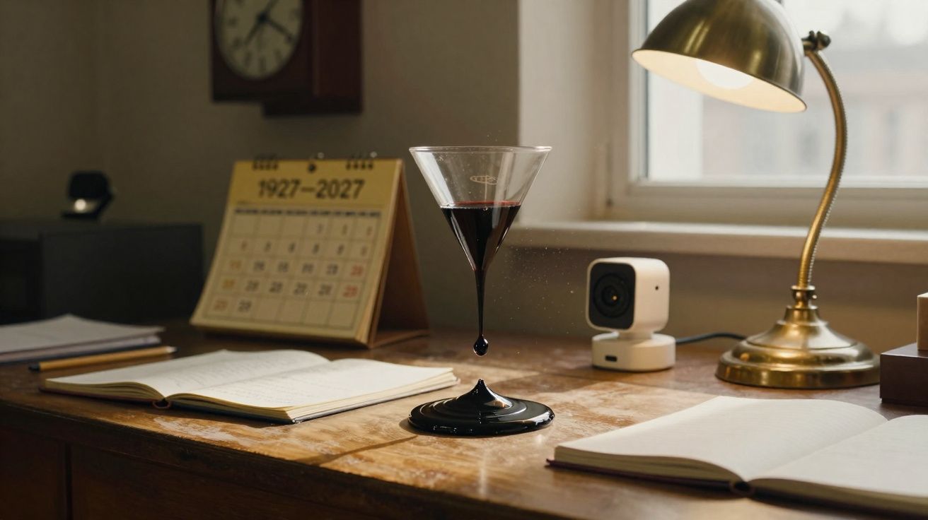 Copo de vinho tinto flutua sobre secretária de madeira com cadernos, calendário e candeeiro dourado.