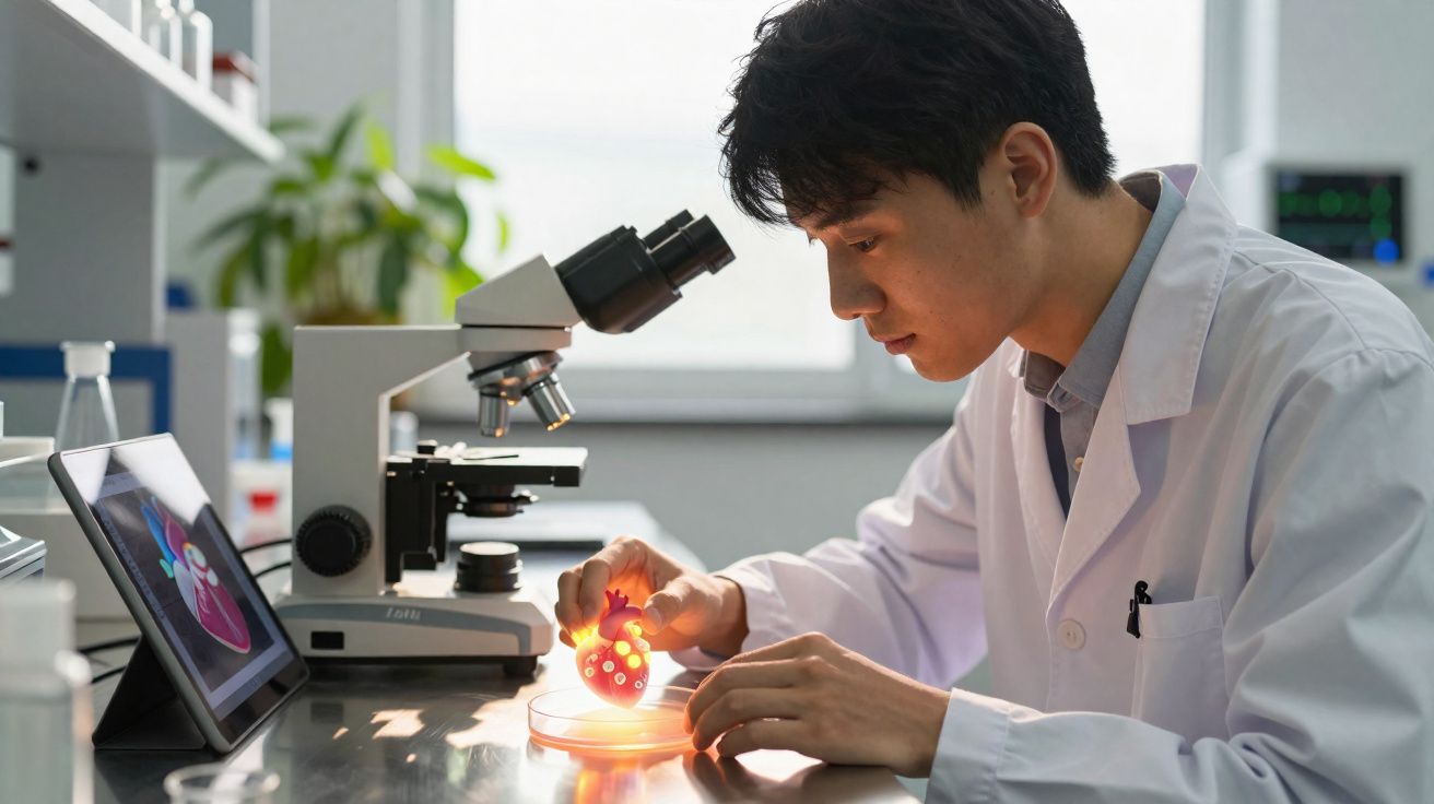 Cientista em bata branca analisa amostra luminosa numa placa de Petri num laboratório moderno.