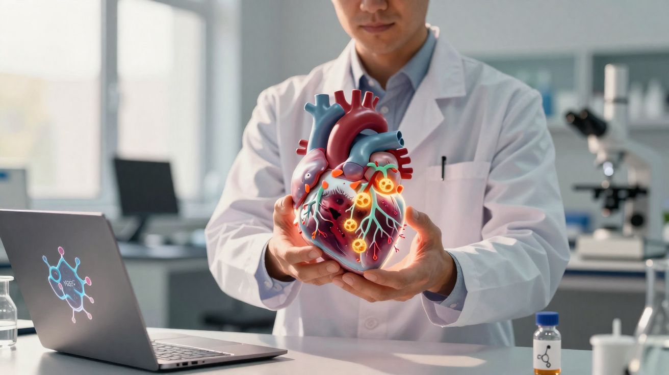 Médico em laboratório segurando modelo digital 3D de um coração humano com vasos sanguíneos destacados.