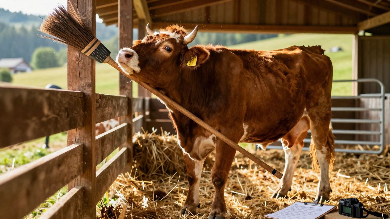 Vaca castanha numa cocheira a encostar o focinho a uma vassoura de palha encostada numa vedação de madeira.