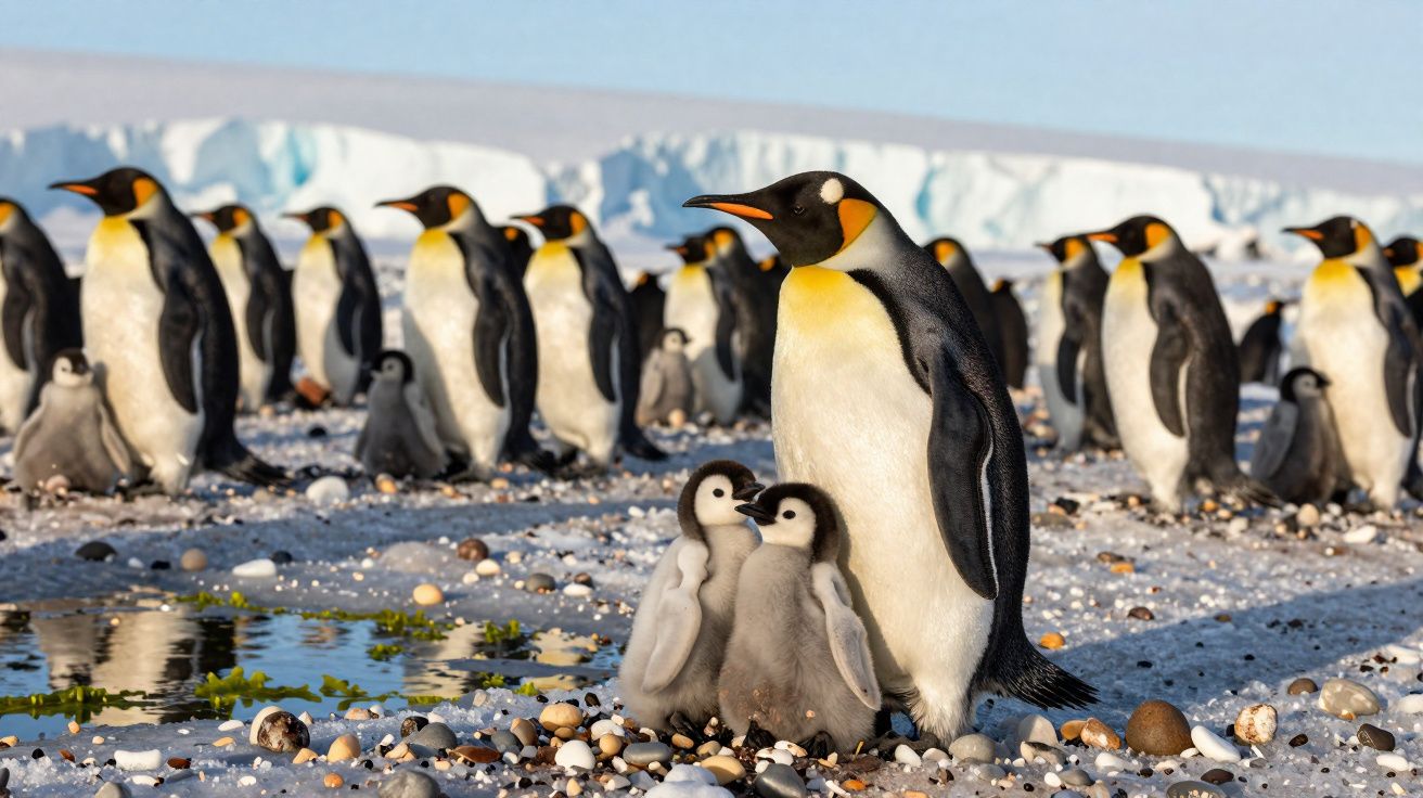Pinguins-imperador adultos e filhotes numa praia rochosa com gelo ao fundo.