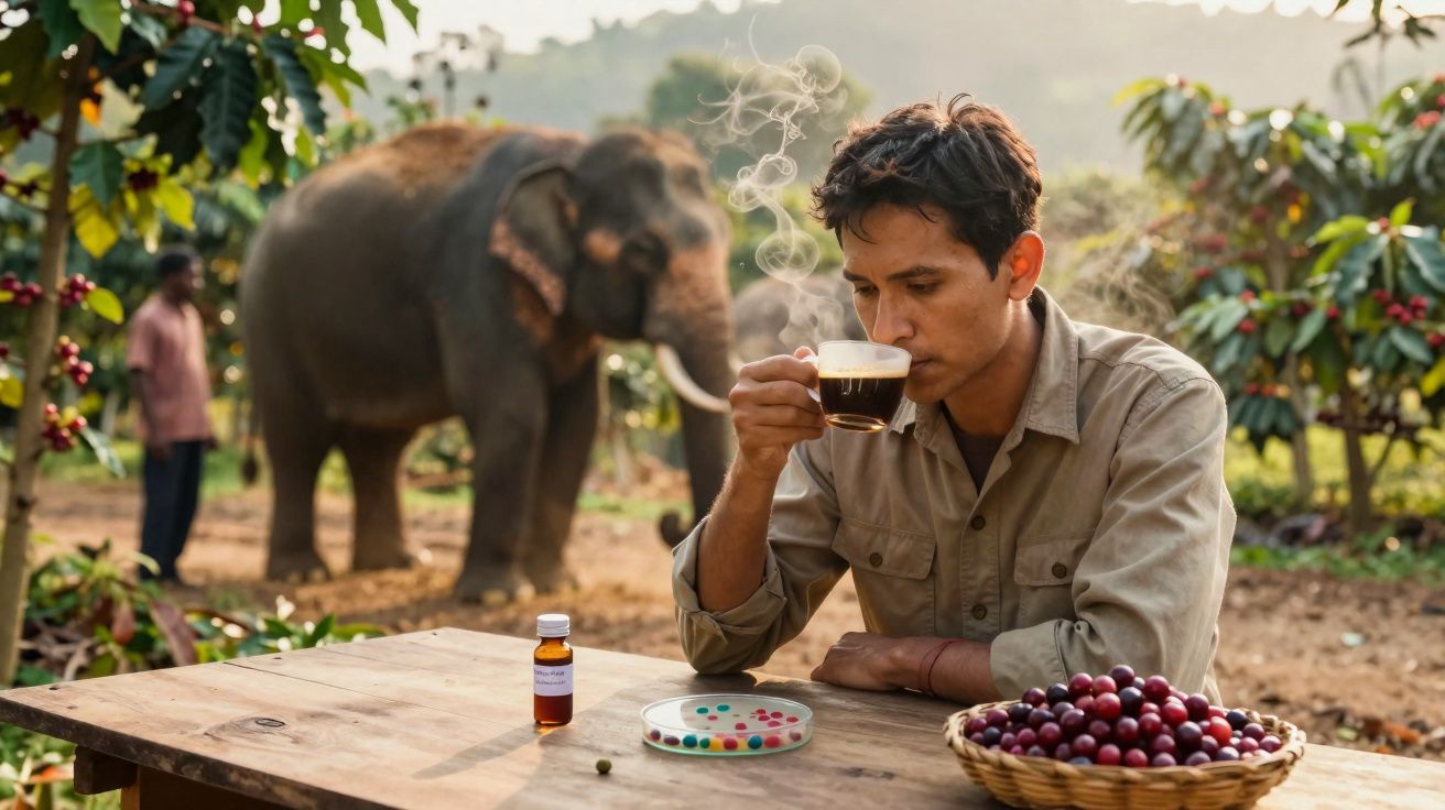 Homem a cheirar café quente numa plantação, com elefante ao fundo e cesto de bagas vermelhas na mesa.
