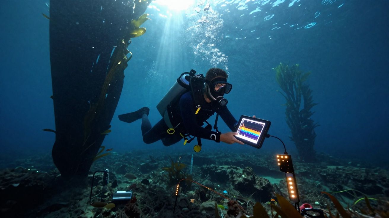 Mergulhador profissional subaquático usando equipamento de medição com tablet em ambiente marinho.