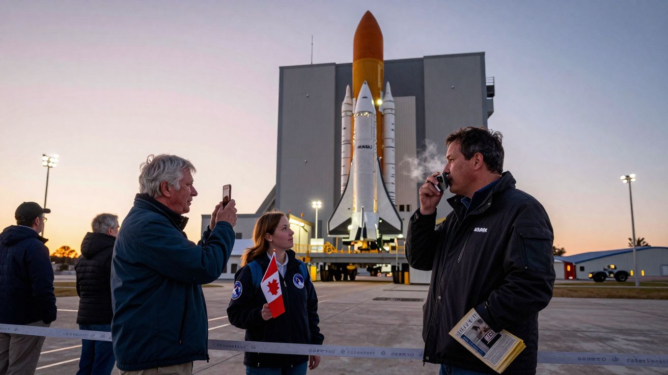 Pessoas junto a réplica de foguetão espacial na área de lançamento durante o pôr do sol.