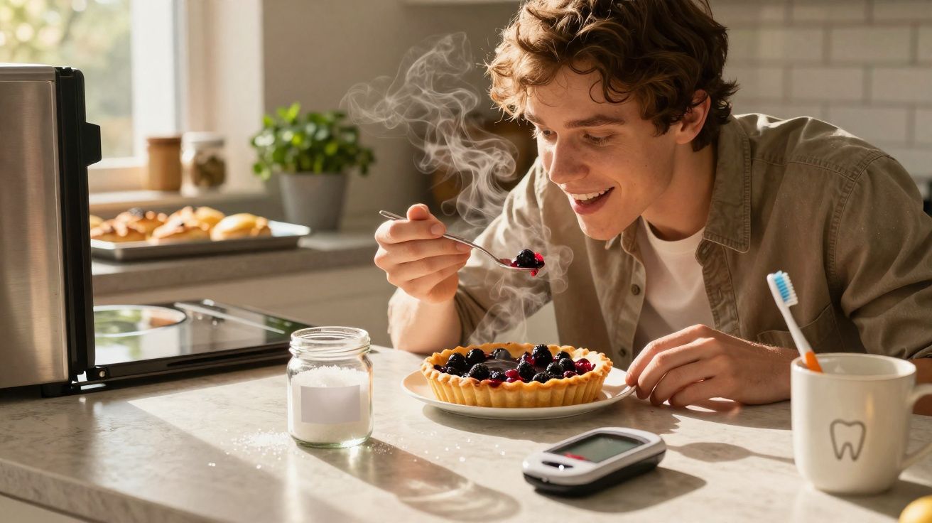 Jovem sorridente prepara-se para comer uma tarte quente de frutos vermelhos na cozinha luminosa.