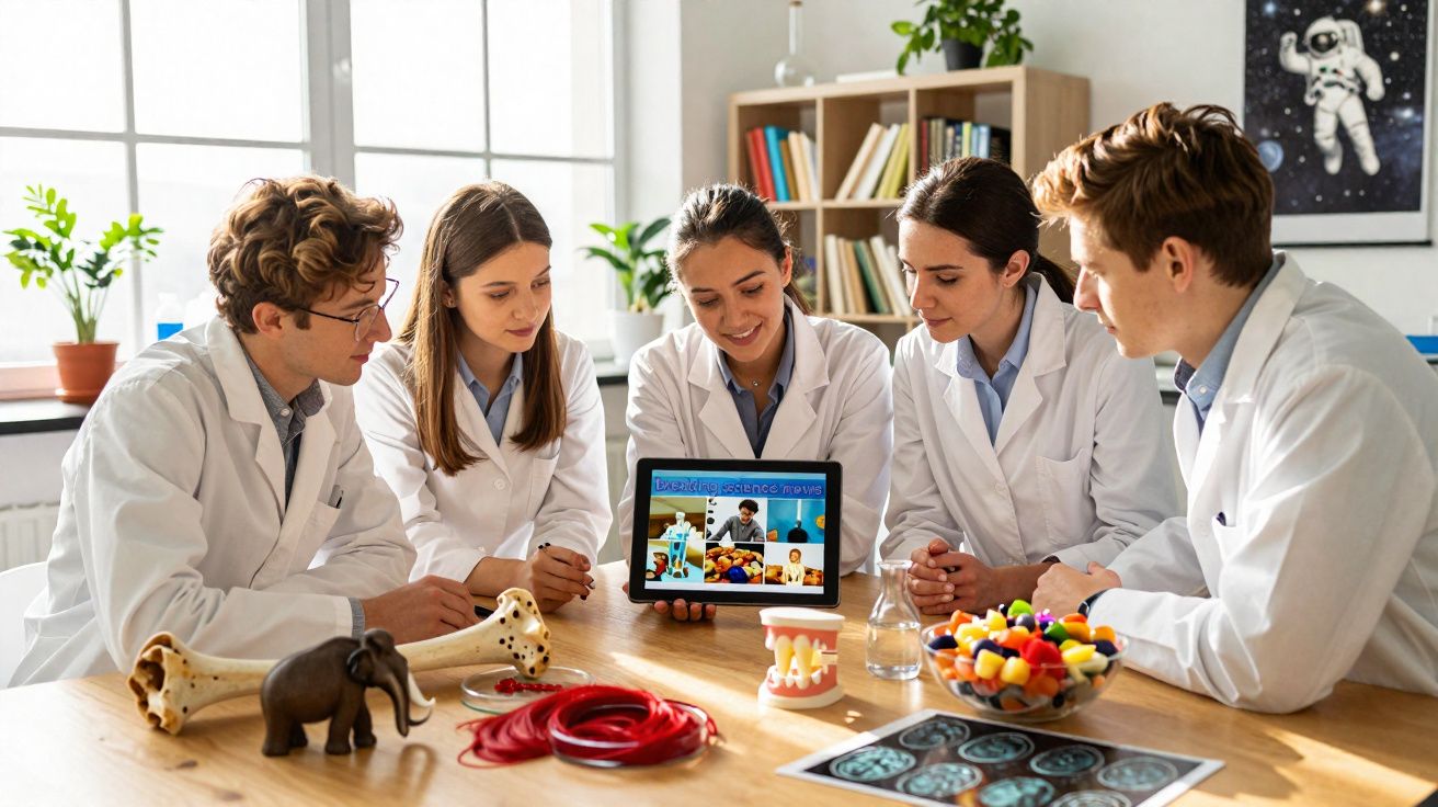 Grupo de estudantes de medicina em bata branca a analisar imagens no tablet numa mesa com modelos anatómicos.
