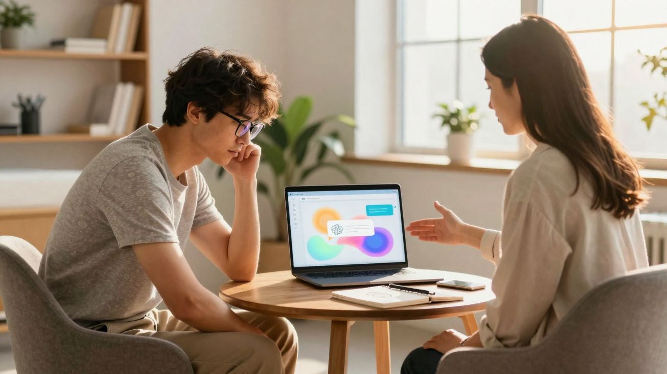 Duas pessoas sentadas à mesa, a mulher mostrando algo no ecrã do portátil ao homem de óculos.