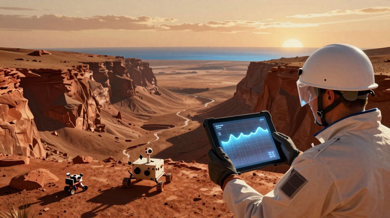 Astrónomo com tablet a analisar dados em paisagem árida com dois robôs exploradores ao pôr do sol.