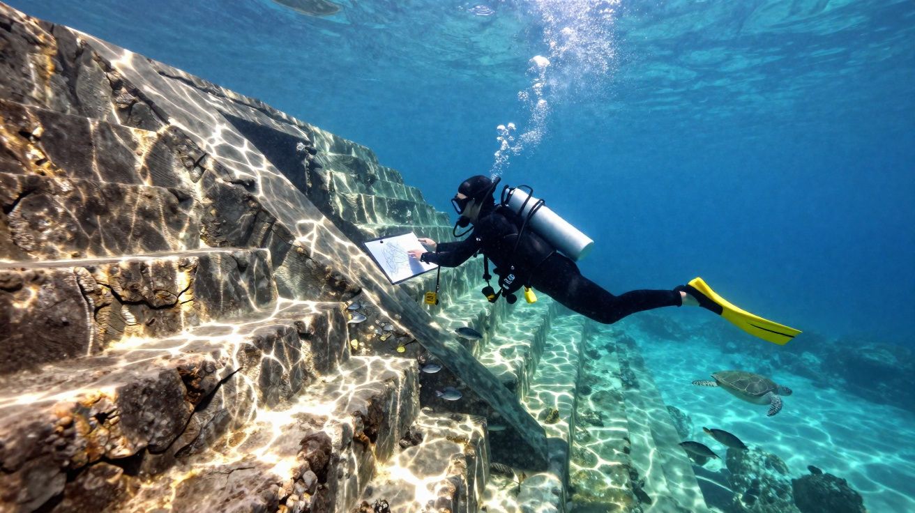 Mergulhador a investigar e anotar dados em ruínas subaquáticas de pedra com peixes e uma tartaruga por perto.