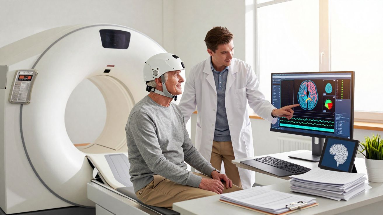 Homem com capacete cerebral sentado enquanto médico analisa imagens do cérebro num computador numa clínica.