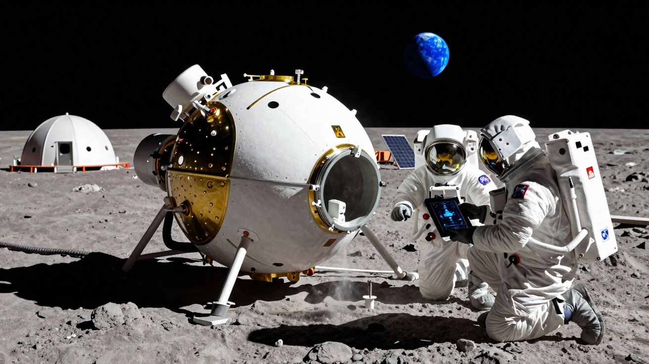 Dois astronautas na superfície lunar junto a cápsula espacial esférica, com a Terra visível ao fundo.