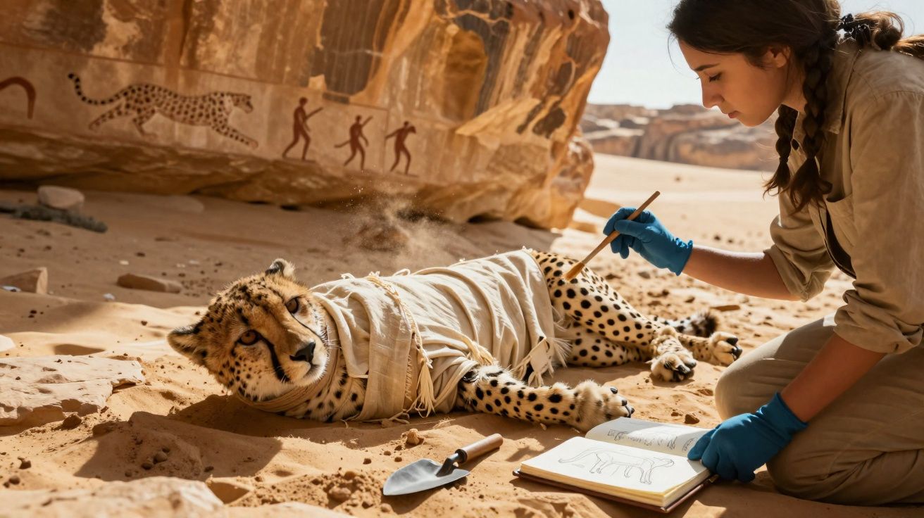 Investigadora a analisar um guepardo embalado em pano no deserto, com pinturas rupestres ao fundo.