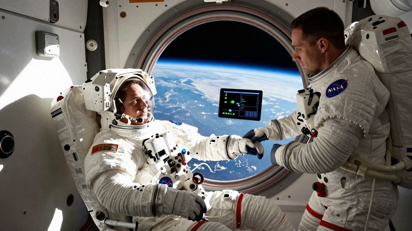 Dois astronautas em fato espacial dentro de uma nave, com a Terra visível pela janela redonda.