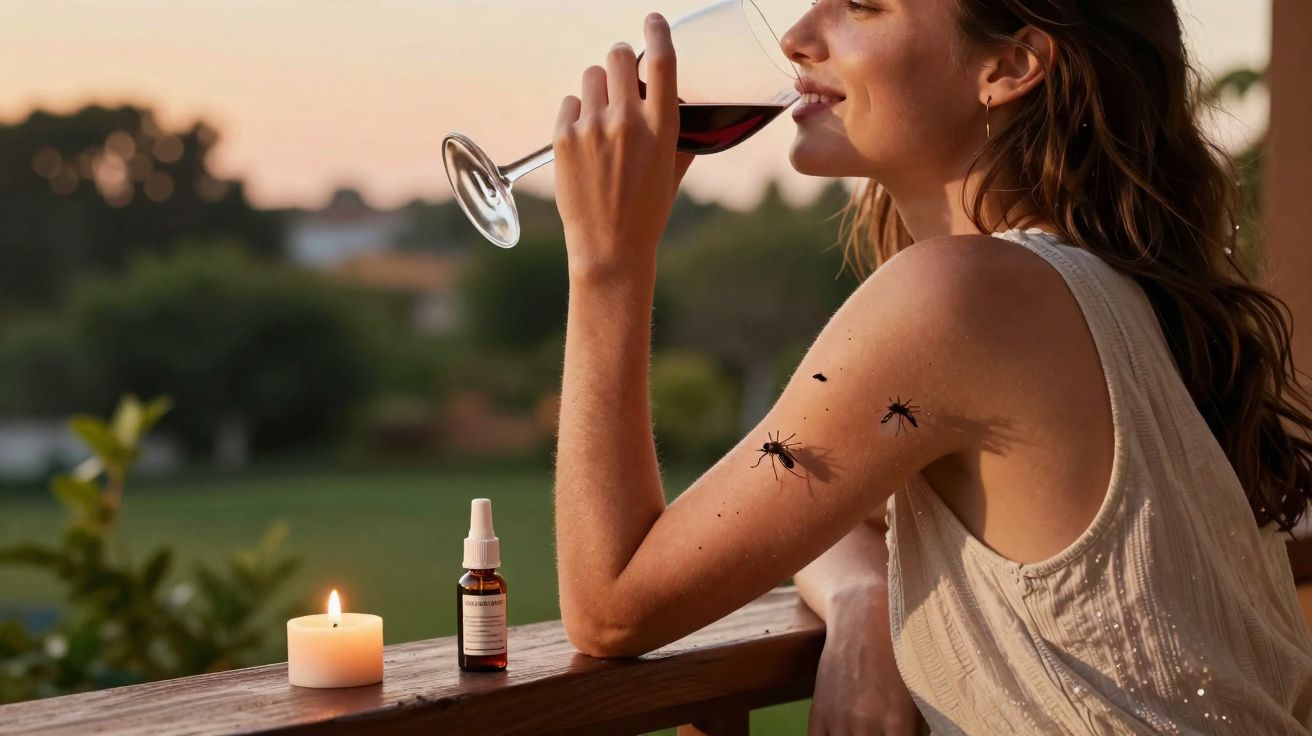 Mulher a beber vinho no terraço ao entardecer, com insetos voadores na pele e vela acesa na mesa.