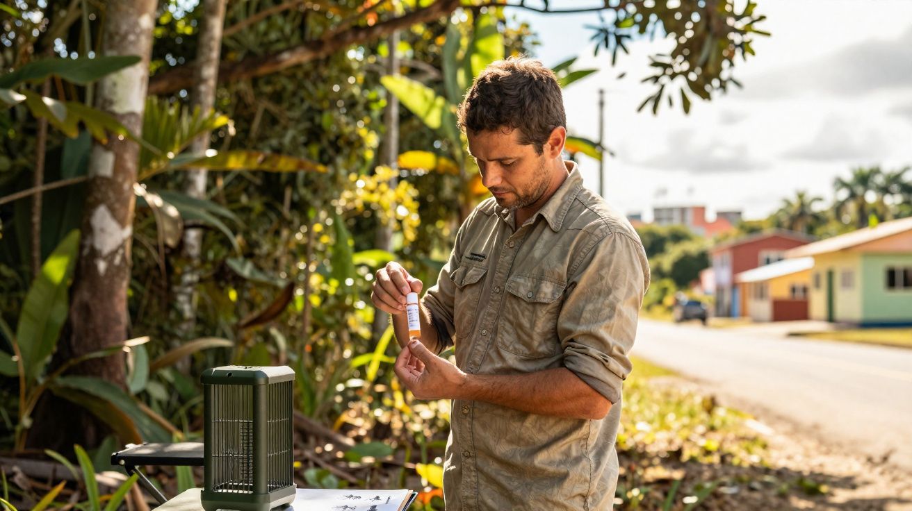 Homem com camisa bege segura frasco enquanto está ao ar livre perto de vegetação e casas coloridas ao fundo.