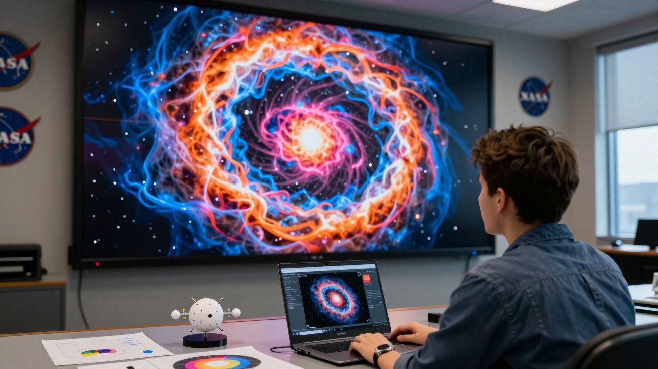 Pessoa a usar computador com imagem de galáxia colorida e logo da NASA ao fundo numa sala de escritório.