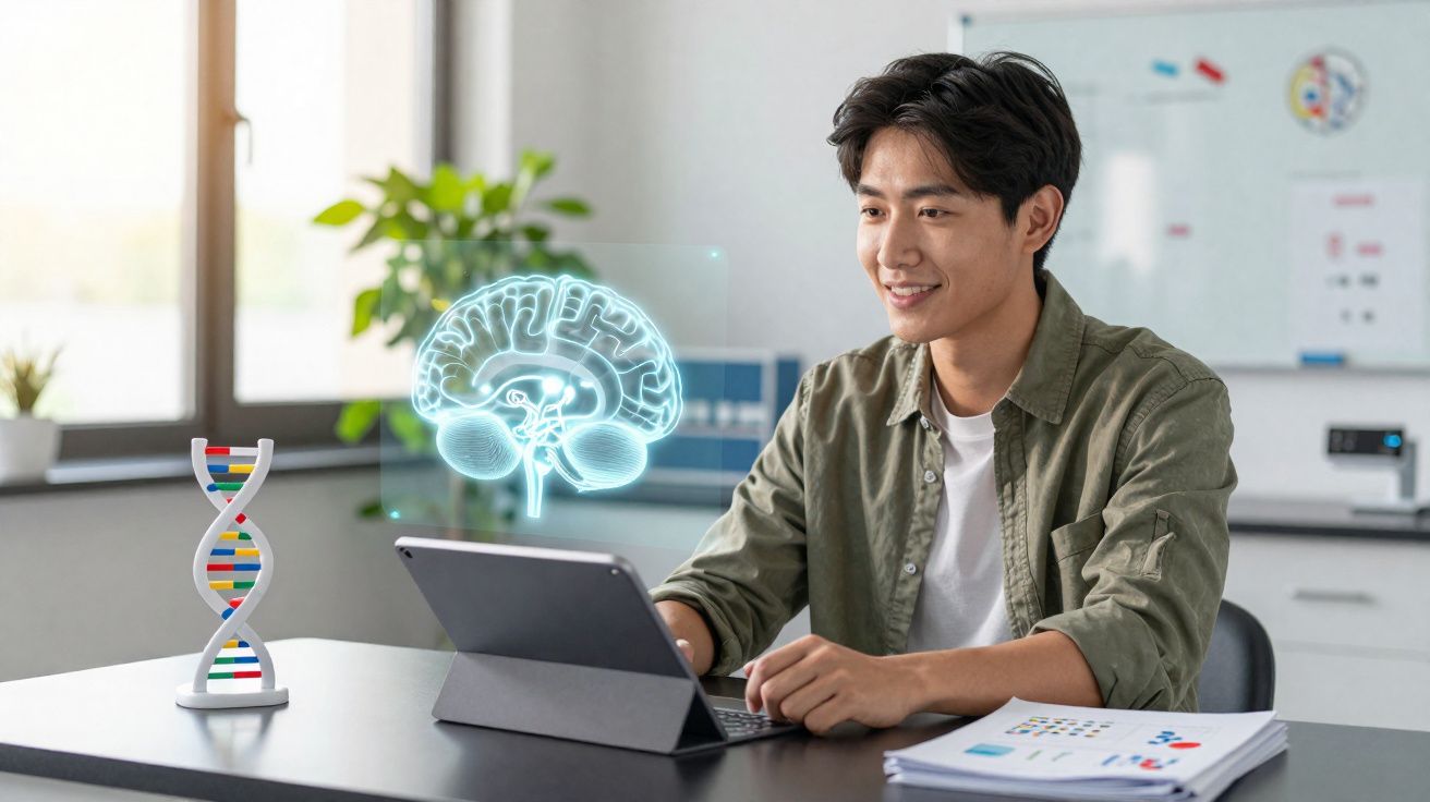 Homem a estudar ciências com holograma de cérebro e modelo de ADN numa mesa de trabalho.