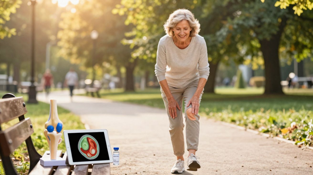 Mulher sénior no parque a segurar o joelho com expressão de dor, com modelo de articulação e tablet ao lado.